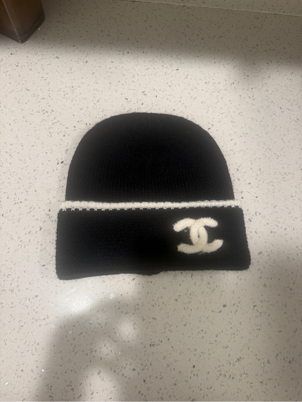 CHANEL Black Knit Beanie with White CC Emblem